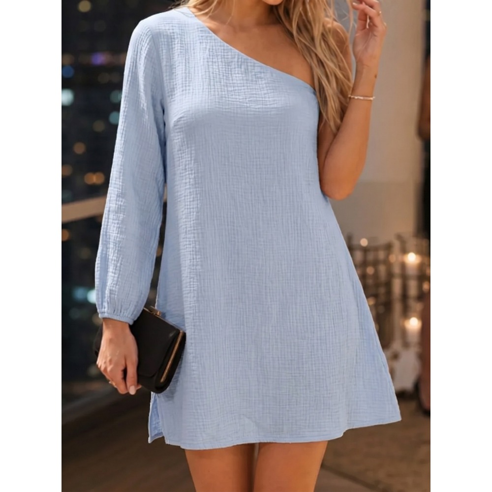 Express Light Blue Cotton Gauze One Shoulder Knee Length Dress Size L